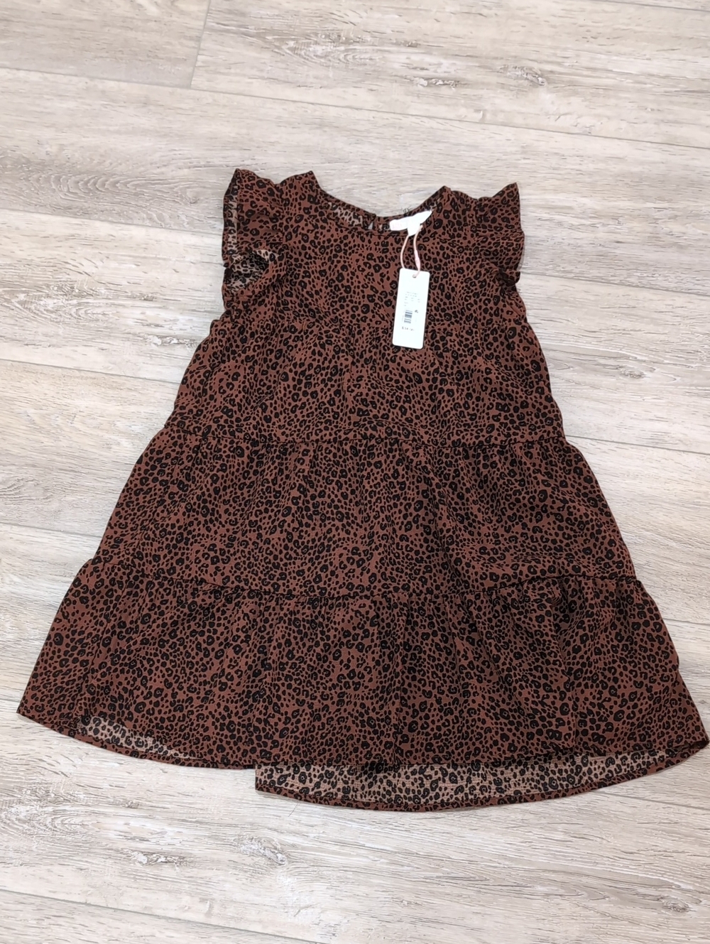 GB girls Brown Leopard Tiered Flutter Sleeve Dress